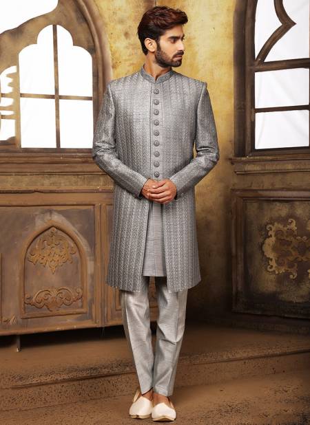 Gray Colour Party Wear Jacquard Nawabi Indo Western Collection 1128